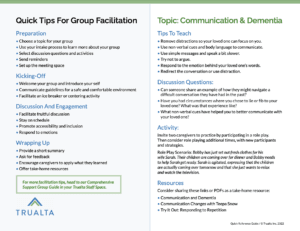 Infographic outlining quick tips for group facilitation and discussion on communication and dementia.