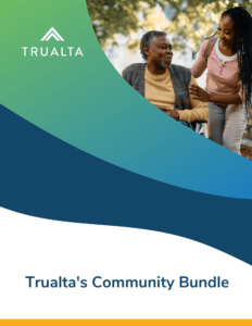 A caregiver assisting an elderly man with gentle arm support, both smiling, with the logo and text for 