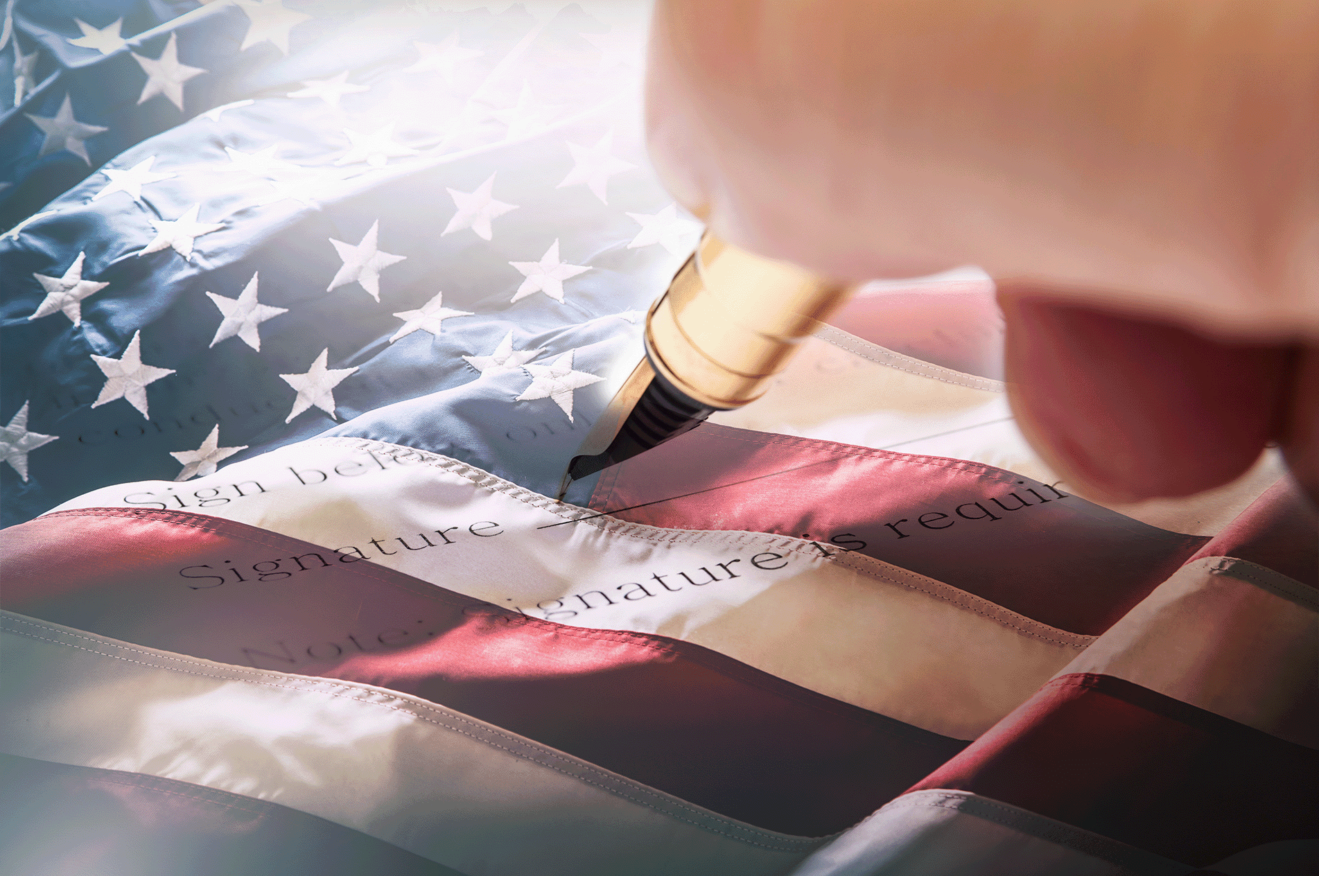 Double exposure of caregiver of contract signing and American flag