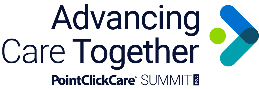 Logo of PointClickCare Summit: Advancing Care Together, featuring stylized text and an abstract design with a magnifying glass icon.