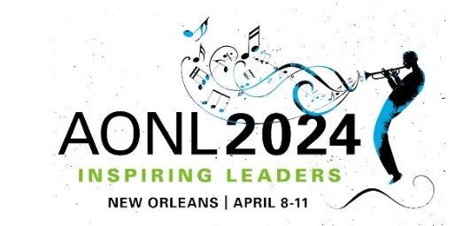 Promotional graphic for AONL 2024 event with the theme "Inspiring Leaders," scheduled for April 8-11 in New Orleans, featuring a silhouette of a person playing a trumpet with