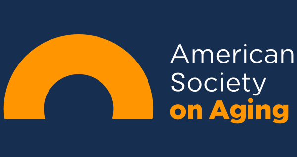 Logo of the American Society on Aging against a blue background.