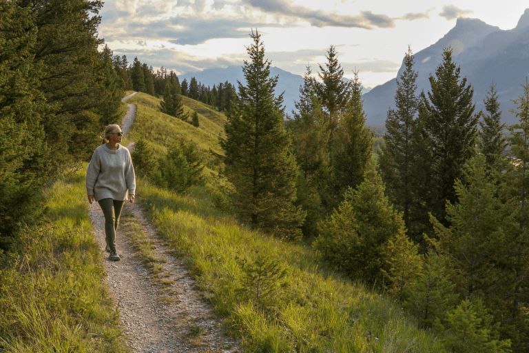 A person walking on a mountain trail surrounded by pine trees during sunset.