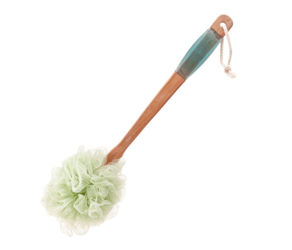 A long-handled shower sponge on a white background. The sponge is light green and the handle is wooden.